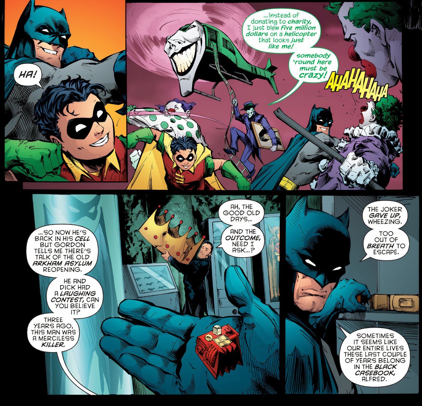 Paneles de cómics: Batman recuerda que Robin venció al Joker de Dick Grayson en un concurso de risas.