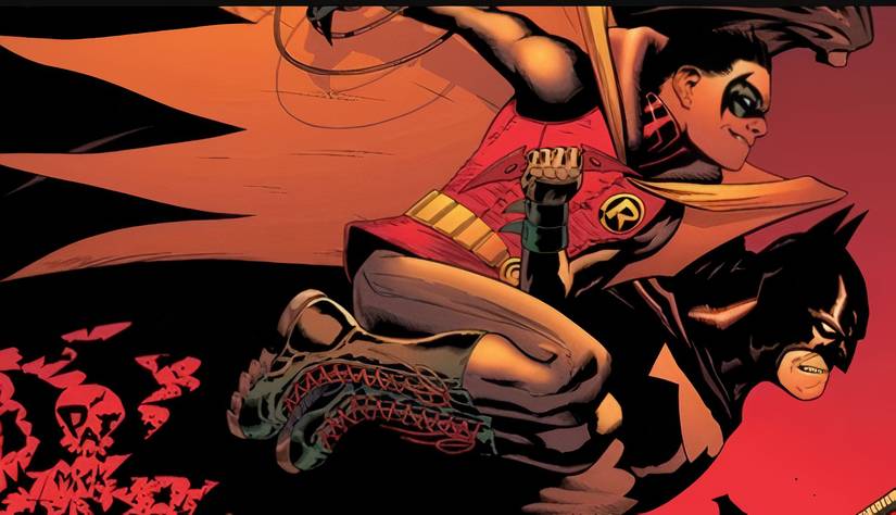 Batman & Robin Damian Wayne leaping forward in DC comics