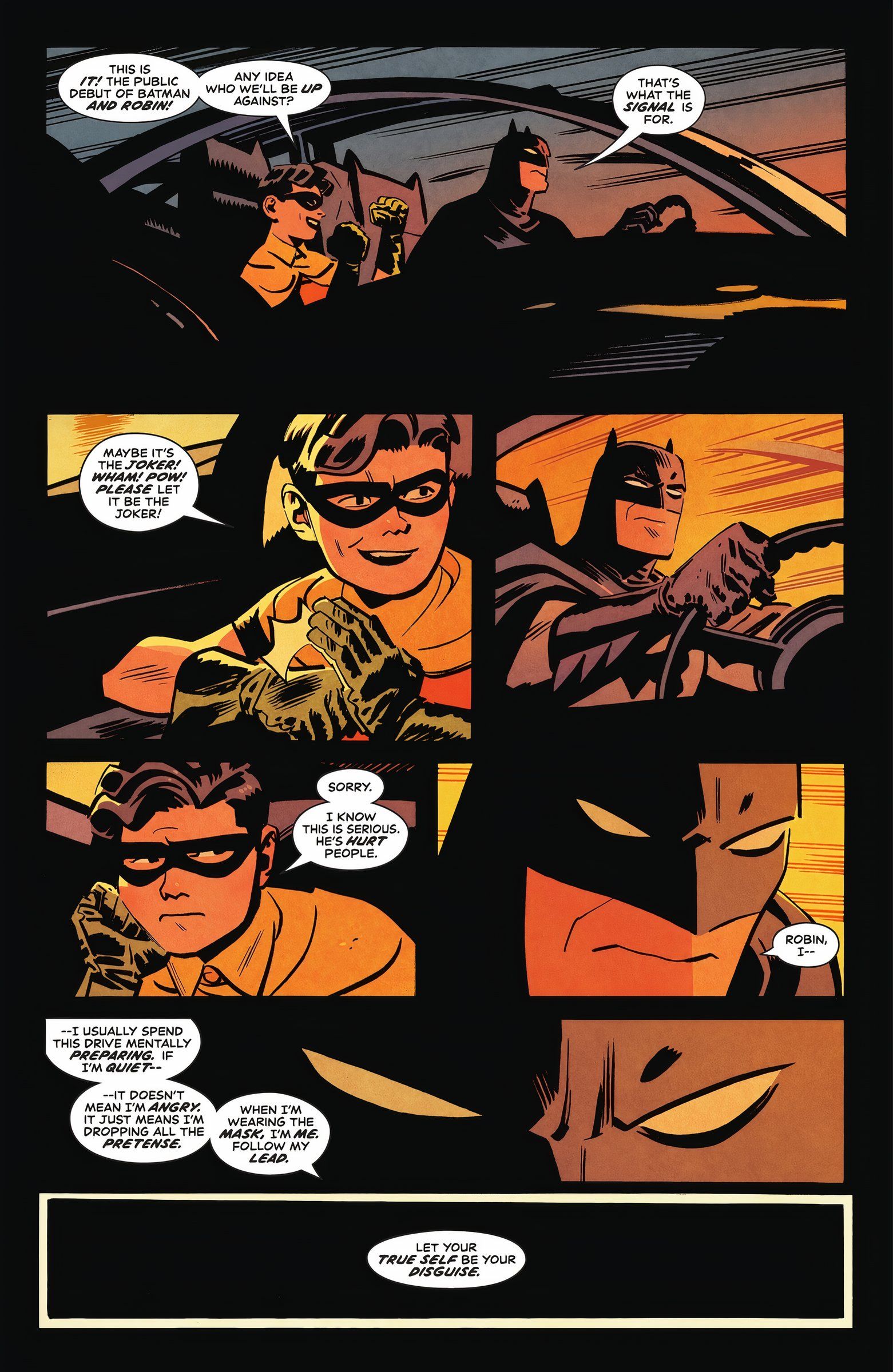 Página de quadrinhos: Batman e Robin discutem identidades secretas no Batmóvel.