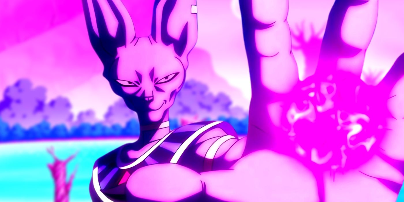 Beerus charging an attack while smiling. Behind him, the planes of his planet can be seen. 