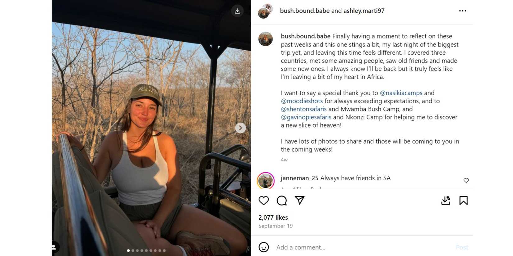 Below Deck Sailing Yacht Ashley Marti Instagram post on a safari