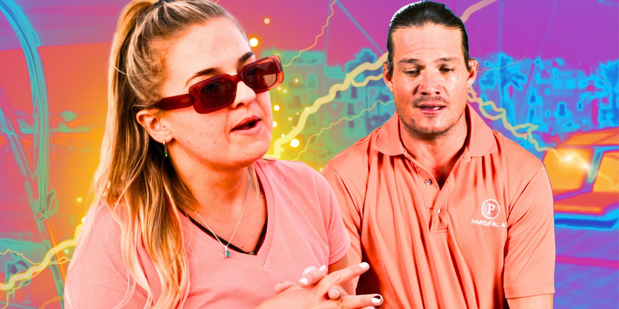 Below Deck Sailing Yacht star Gary King with Daisy Kelliher in montage with them in pink shirts and rainbow background