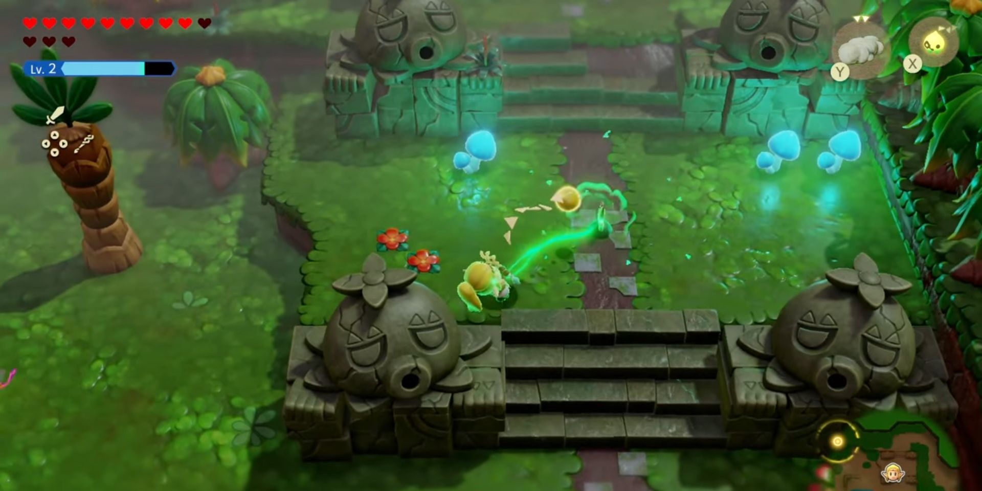 Bempoo Oculta el tercer lugar entre las cuatro estatuas de la doble escalera en Zelda: Mirror of Wisdom