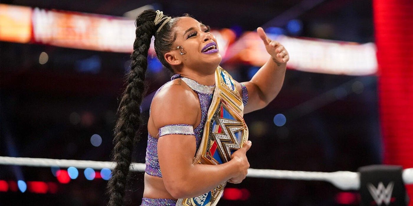 Bianca Belair celebrates winning the SmackDown Women's Championship (World Women's Title) at WWE WrestleMania 37