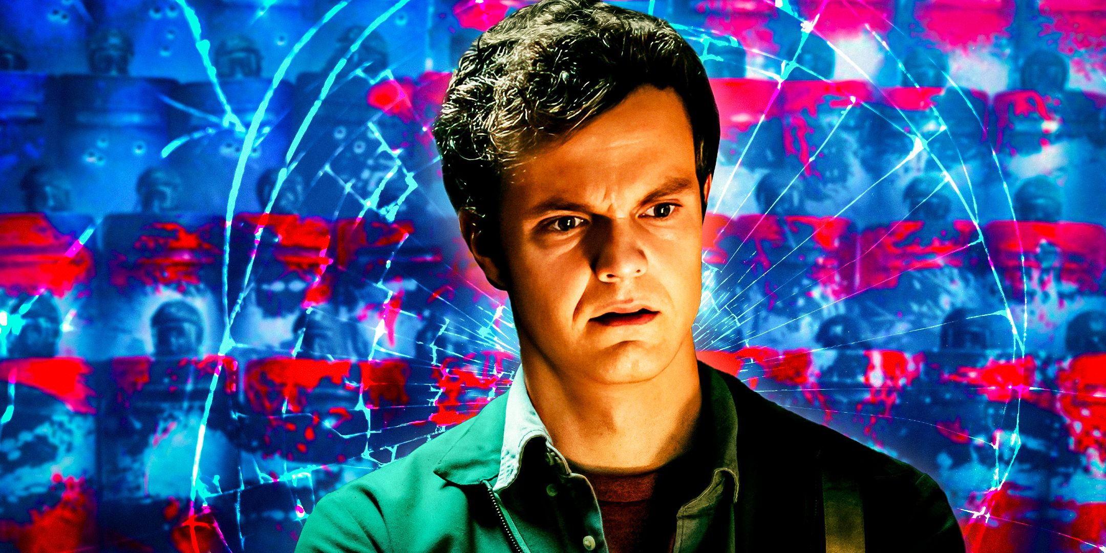 Jack Quaid as Hughie Campbell looking unhappy in The Boys with red, white, and blue as the background