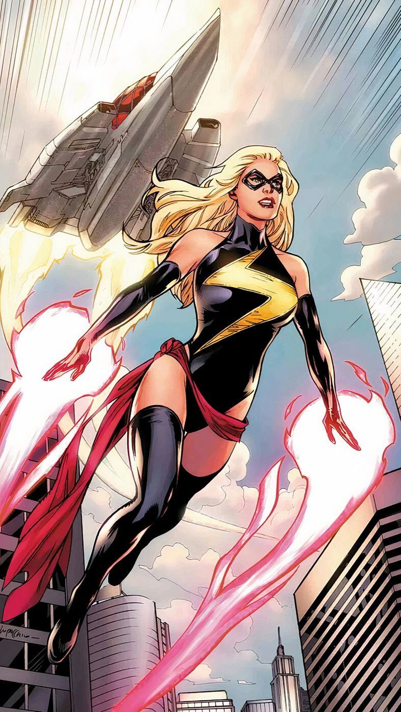 Miss Marvel estreia seu novo terno preto enquanto voa ao lado de um jato.