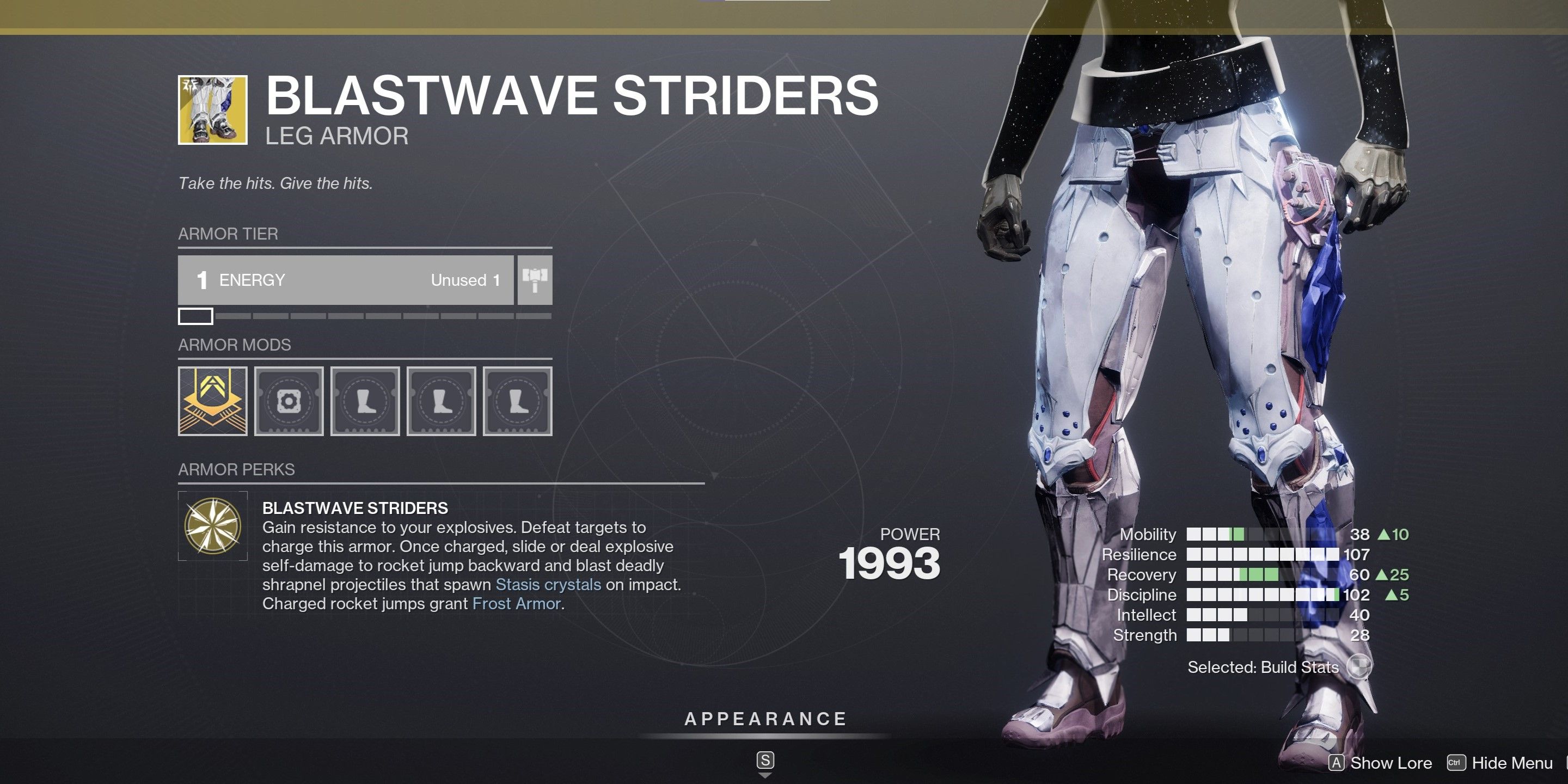 Menú de armadura exótica Blastwave Striders en Destiny 2