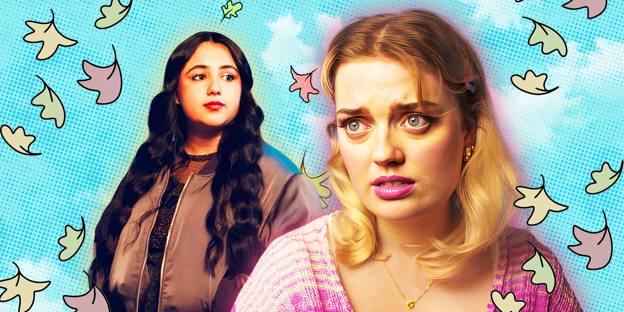 Blended image of Imogen and Sahar in Heartstopper with the Heartstopper leaves in the background