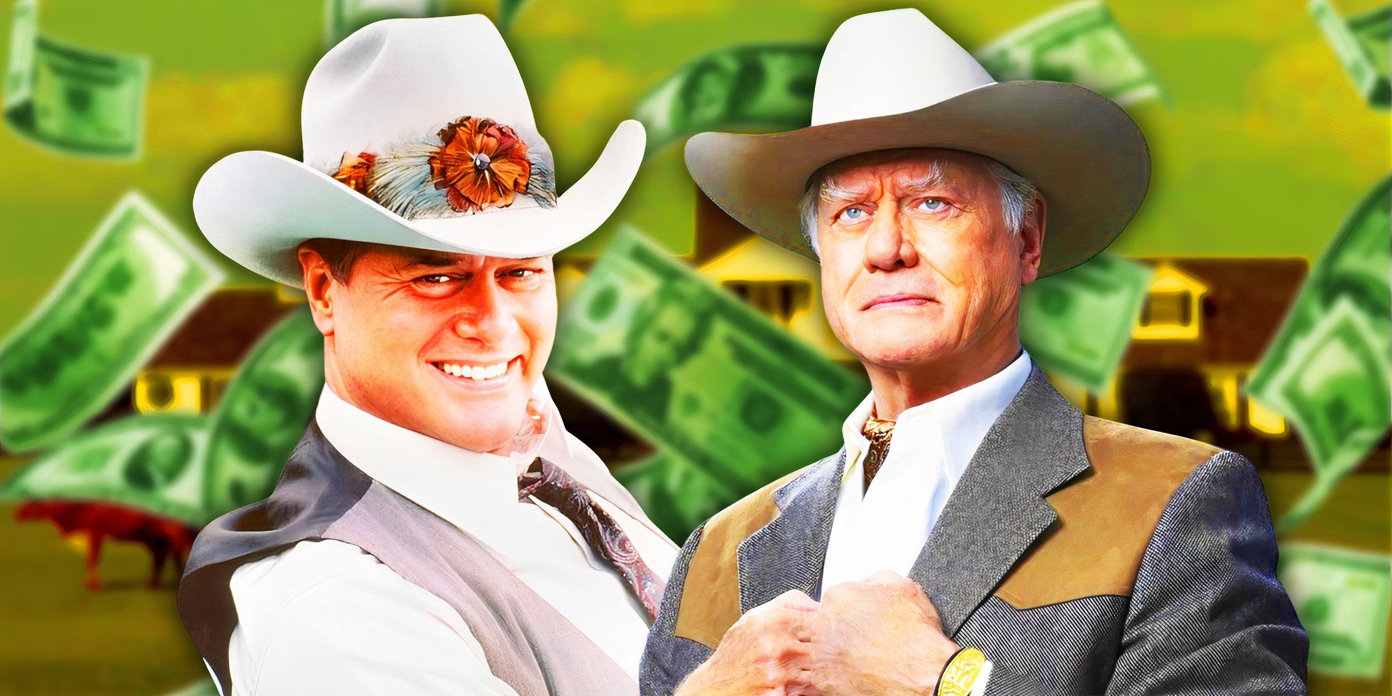 Blended image of Larry Hagman as JR Ewing in both the Dallas original series and the Dallas revival overtop a background of cash