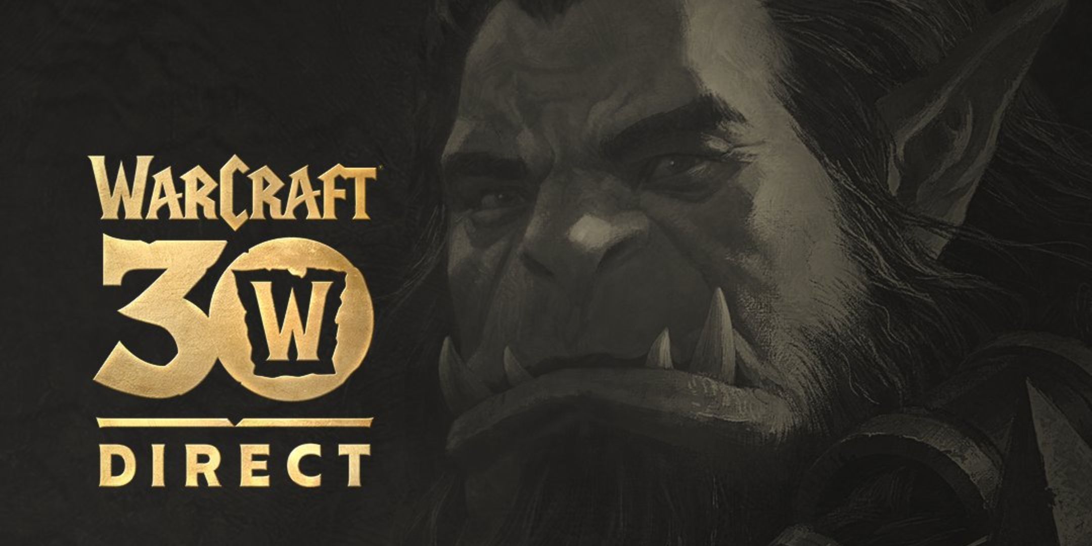 Arte principal da Blizzard para o trigésimo aniversário de Warcraft direto com Thrall olhando para a câmera