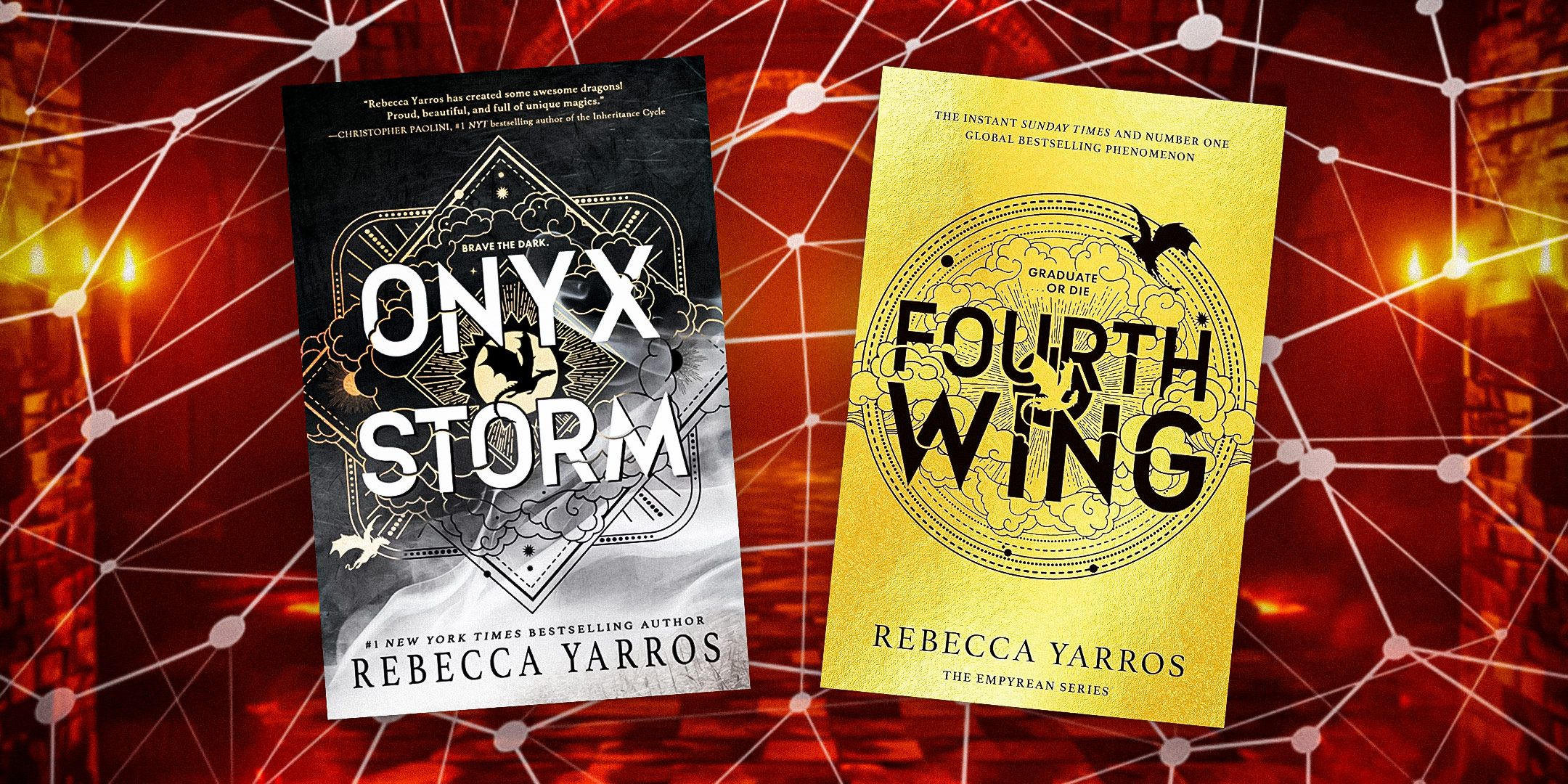 يغطي كتاب Onyx Storm و Fourrth Wing خلفية هندسية حمراء