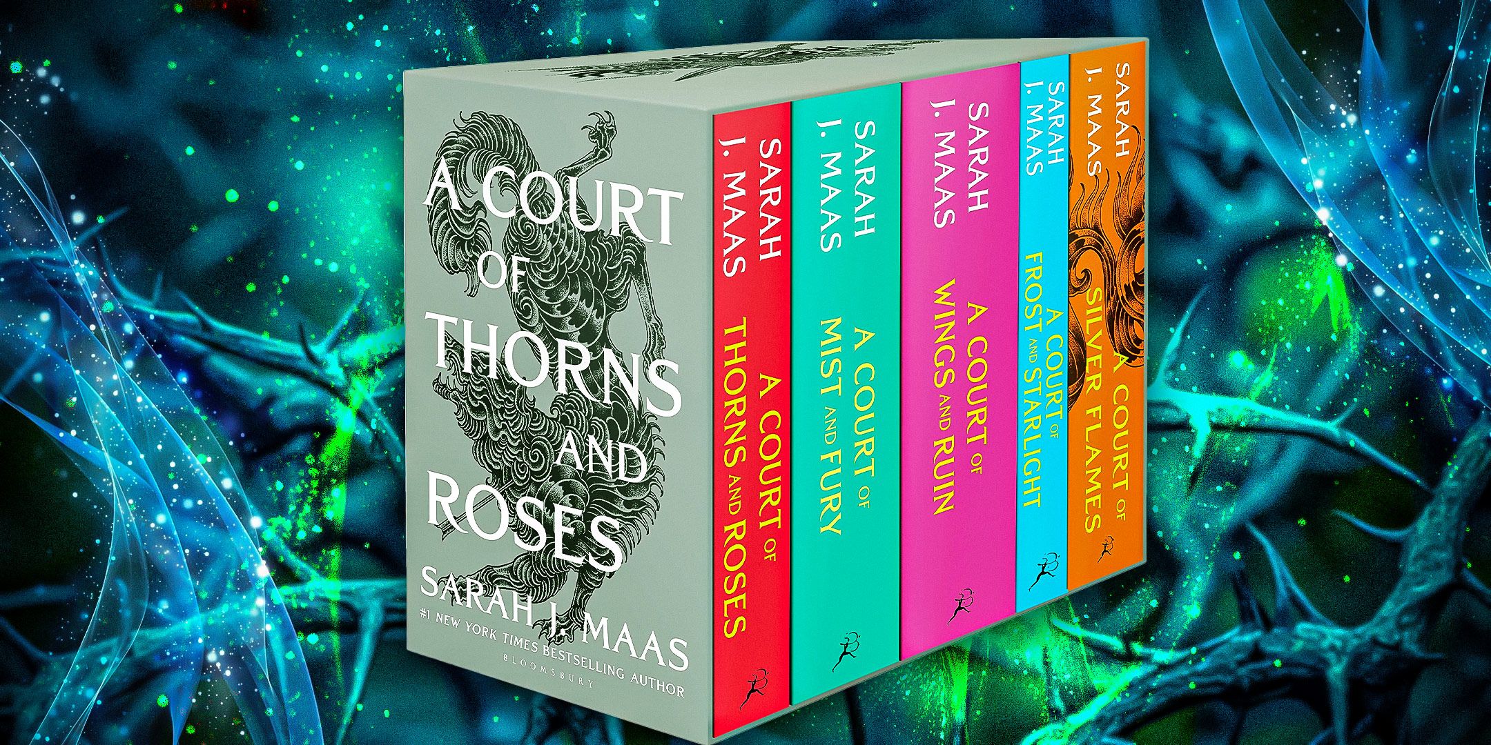 The boxset of the Court of Thorns & Roses series by Sarah J. Maas against a thorny blue and green background