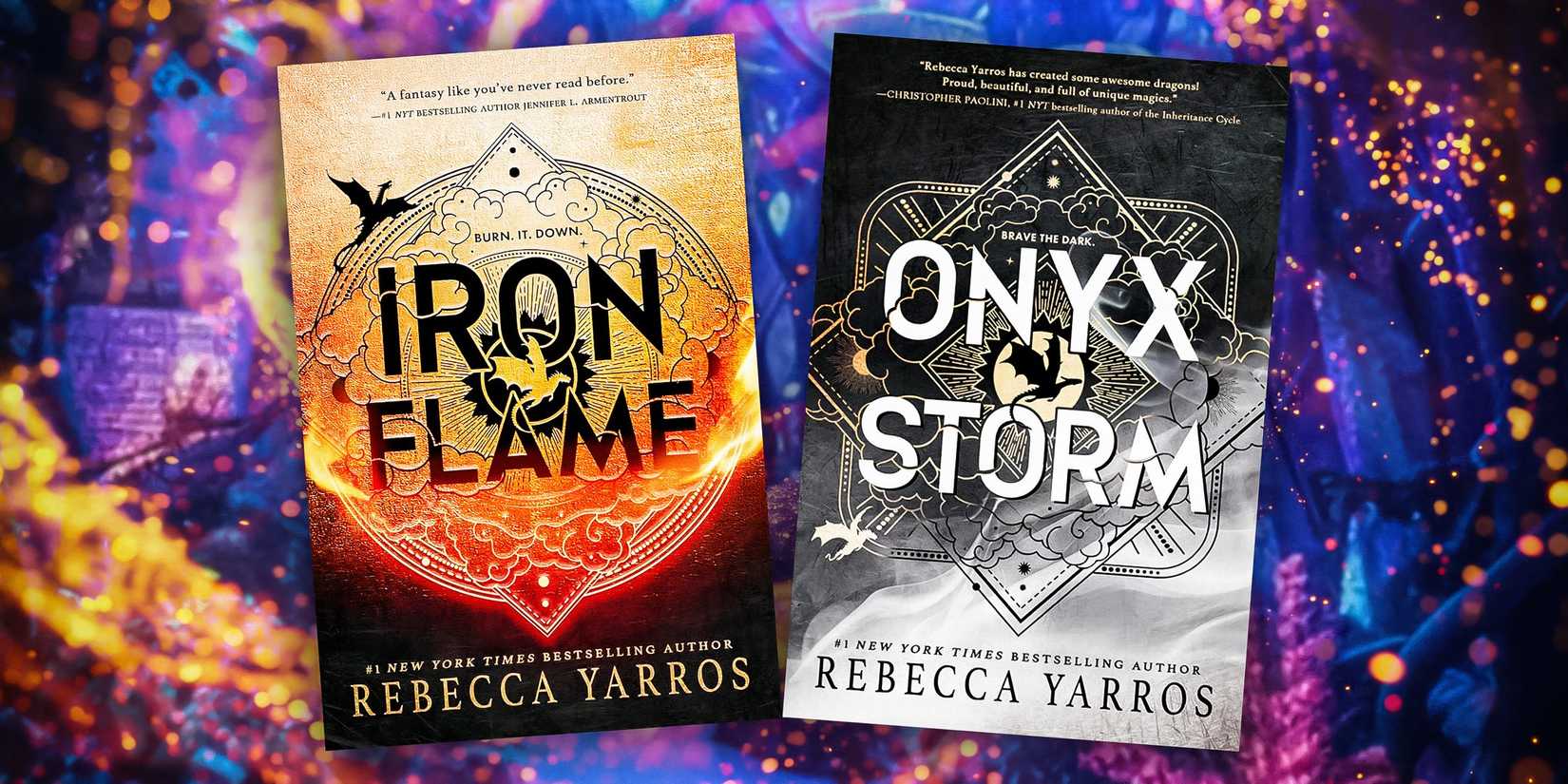 Iron Flame and Onyx Storm book covers