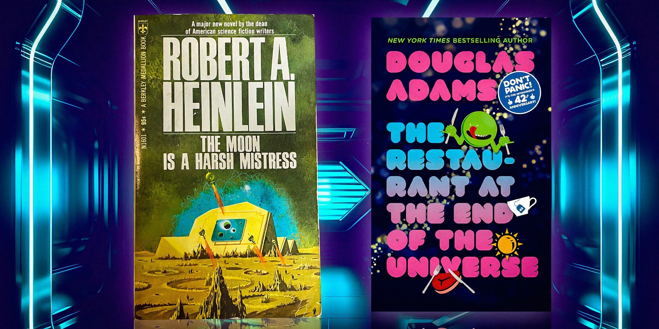 The book covers of The Restaurant at the End of the Universe by Douglas Adams and The Moon Is a Harsh Mistress by Robert A. Heinlein.