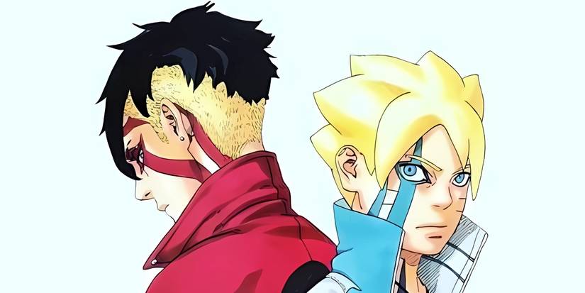 Boruto and Kawaki standing back toback while using their Karma marks. 