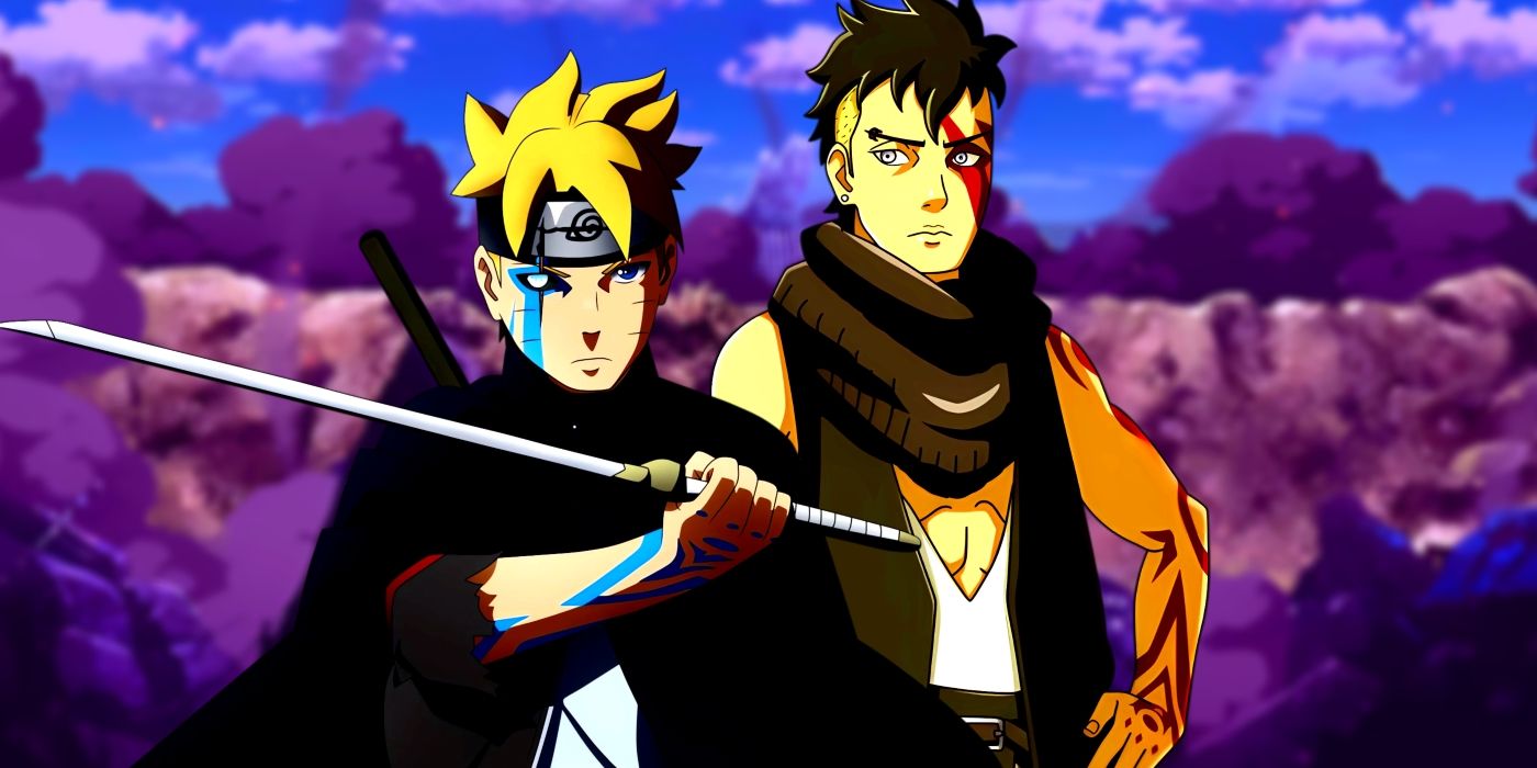 Boruto and Kawaki standing side by side in the outfits they used during the first chapter's flash-forward. Behind them, a destroyed Konoha can be seen. 