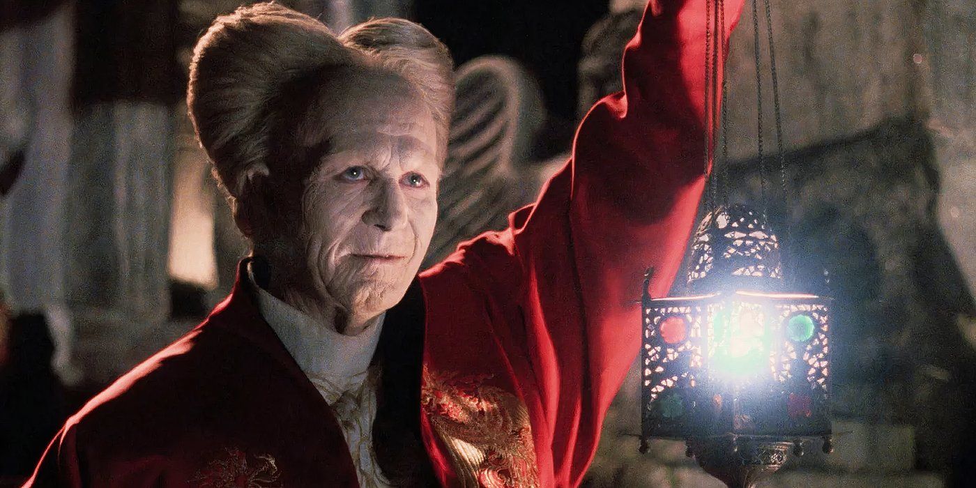 Bram Strokers Dracula Gary Oldman as dracula with an unusual haircut and red outfit