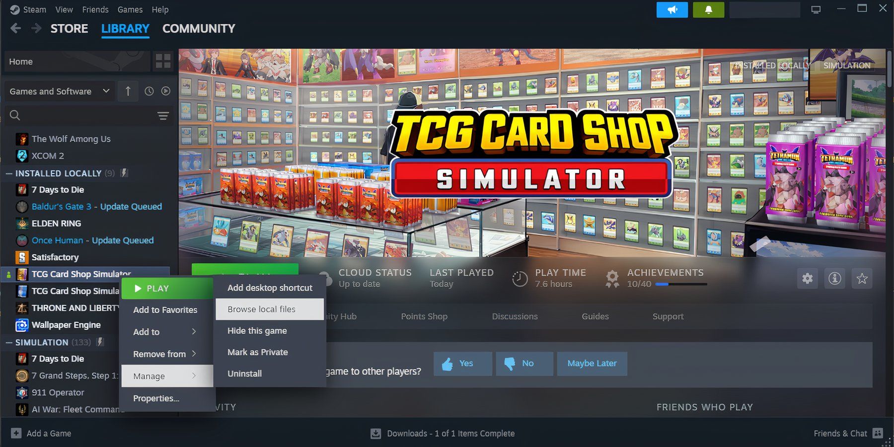 Navegue pelos arquivos locais no Steam para o TCG Card Shop Simulator.