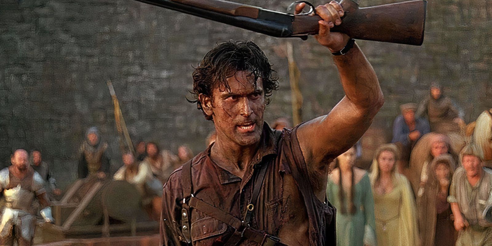 Bruce Campbell holding up a shotgun as Ash in Army of Darkness