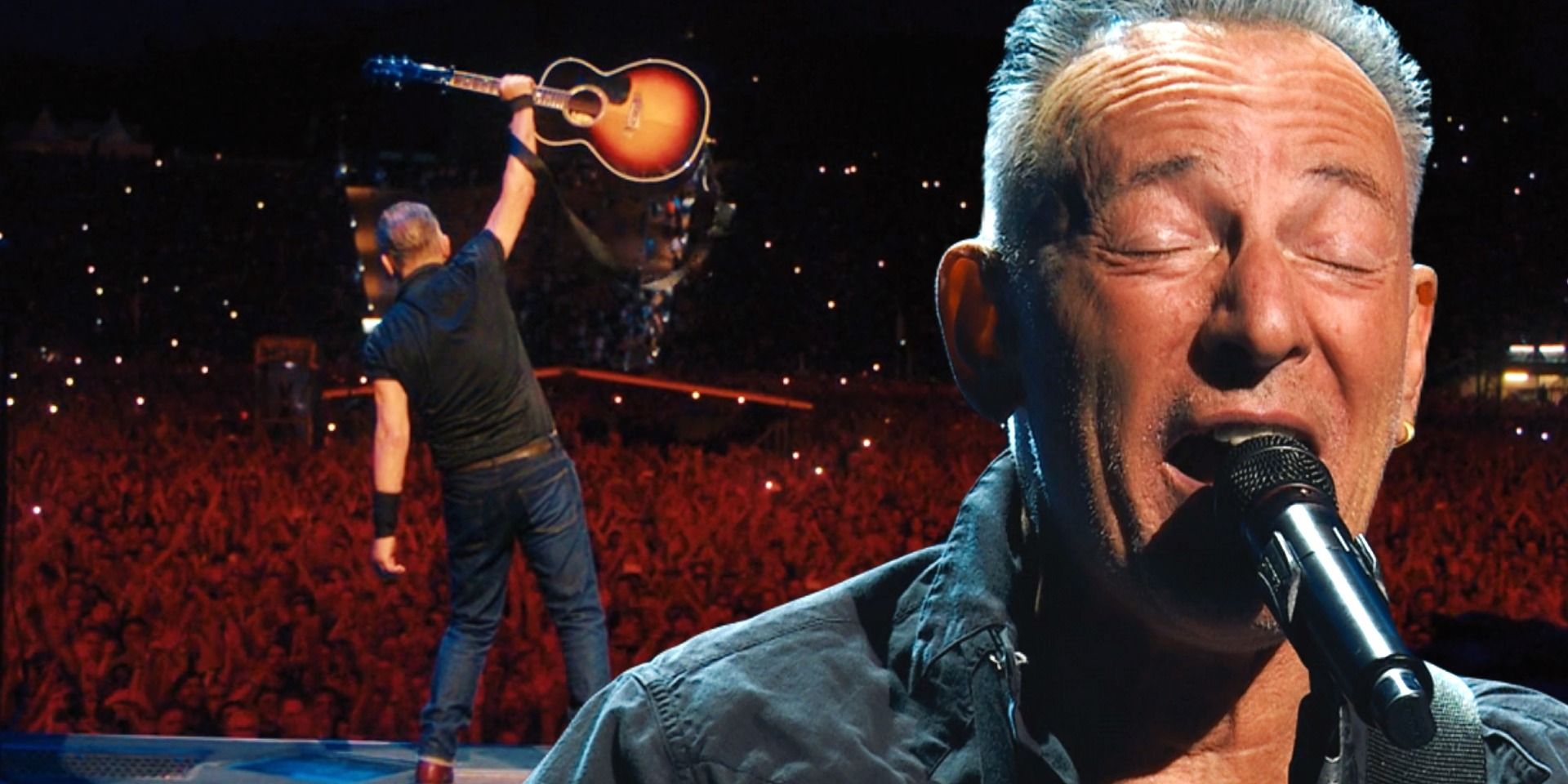 Bruce Springsteen in Road Diary singing in close up to the right and holding up his guitar to the left in a red hue
