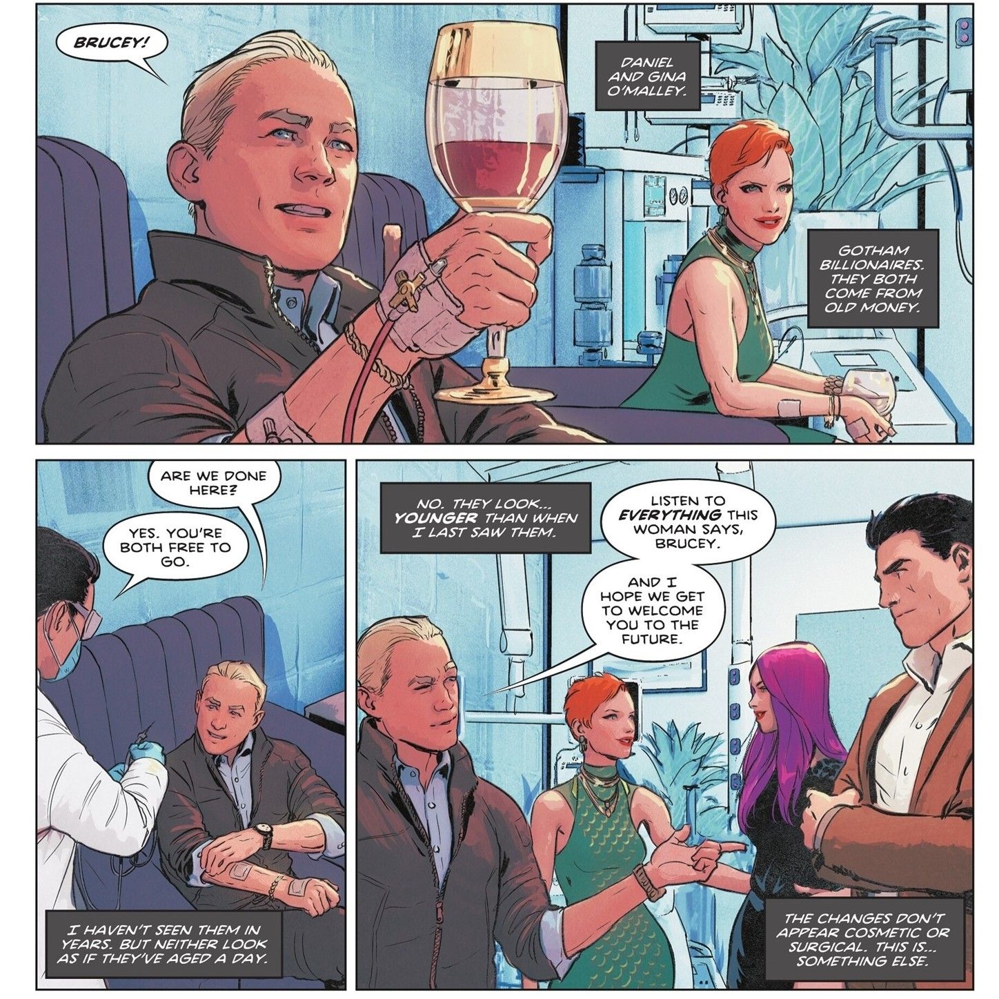 Paneles de cómics: Bruce Wayne se encuentra con el multimillonario O'Malley en un centro médico.