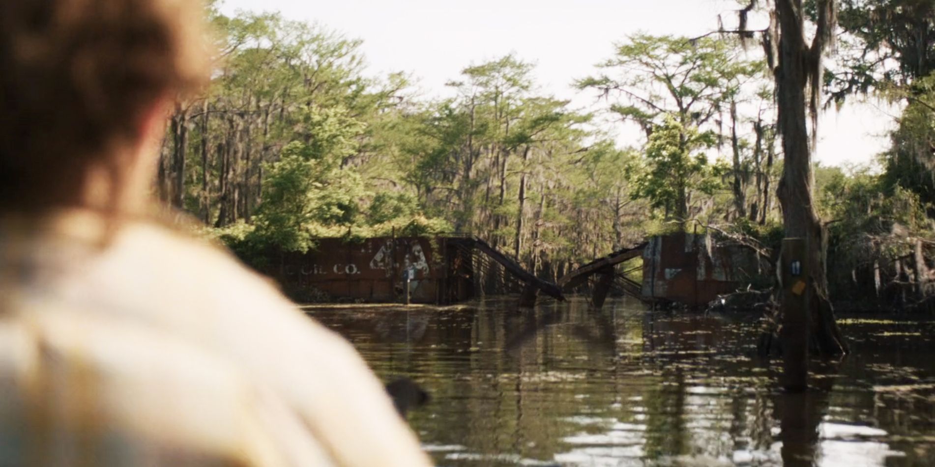 Caddo Lake Ellie em seu barco com a ponte destruída