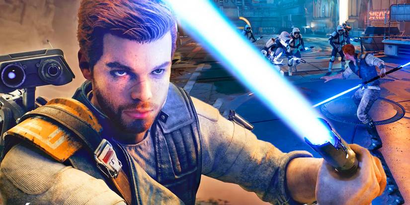 Cal from Star Wars Jedi: Survivor with BD-1 on his back. In the background is another shot of Cal fighting a group of Stormtroopers.