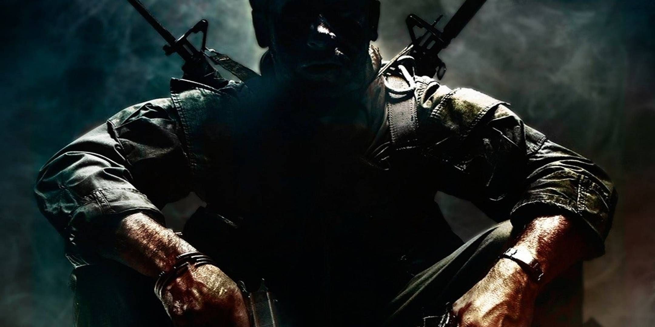 The Call of Duty Black Ops 1 key art featuring a soldier squatting with two rifles on their back and two pistols in their hand.