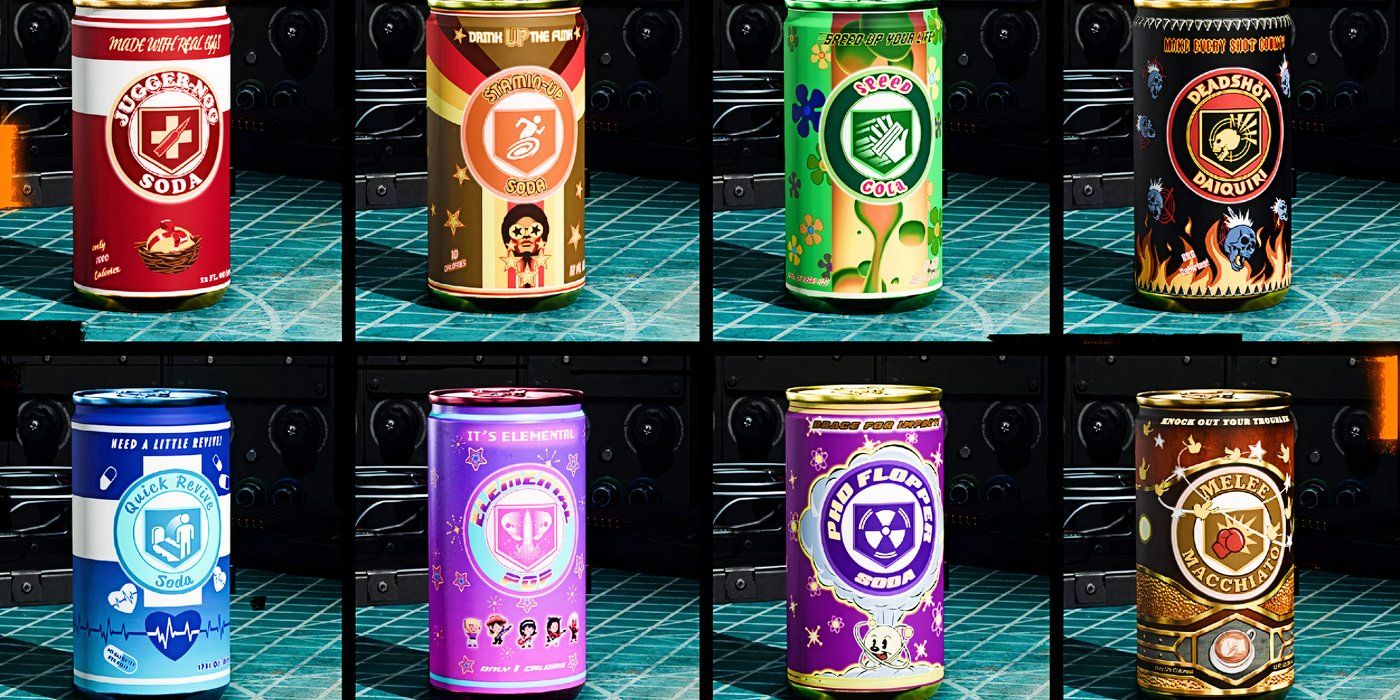 Call of Duty Black Ops 6 Zombies Perks-a-Cola in a line.