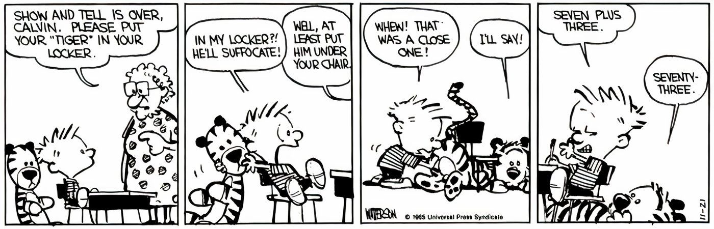 Hobbes giving Calvin the wrong answer to his math problem.