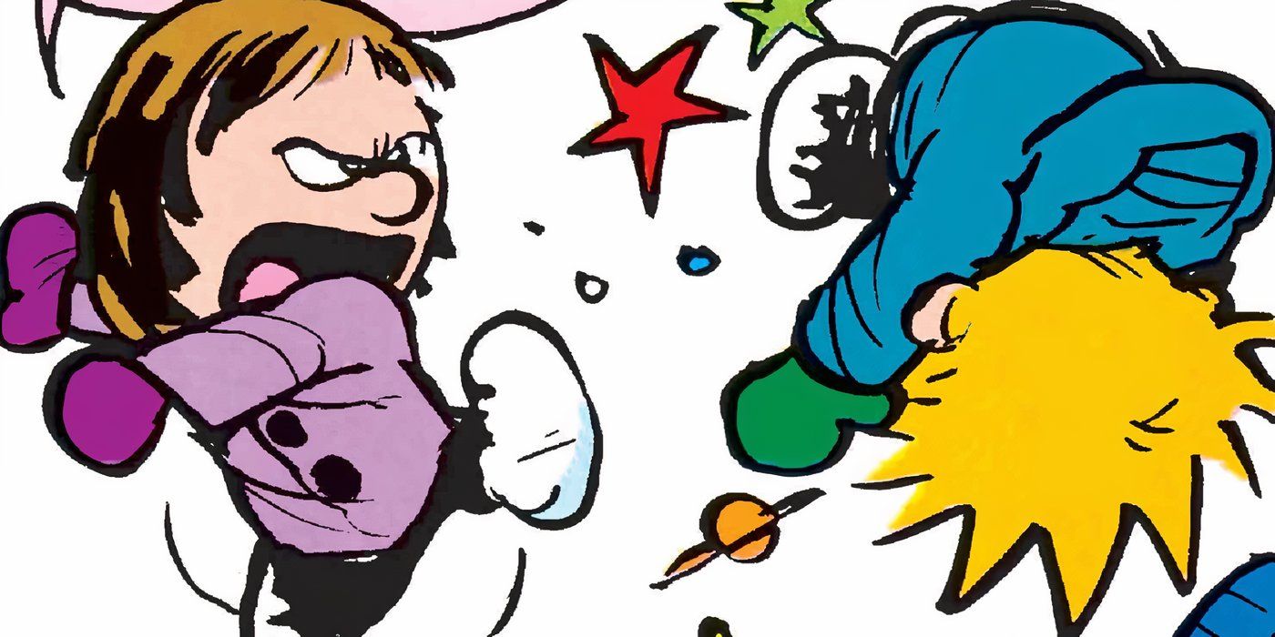 Calvin and Hobbes' Susie punching Calvin. 