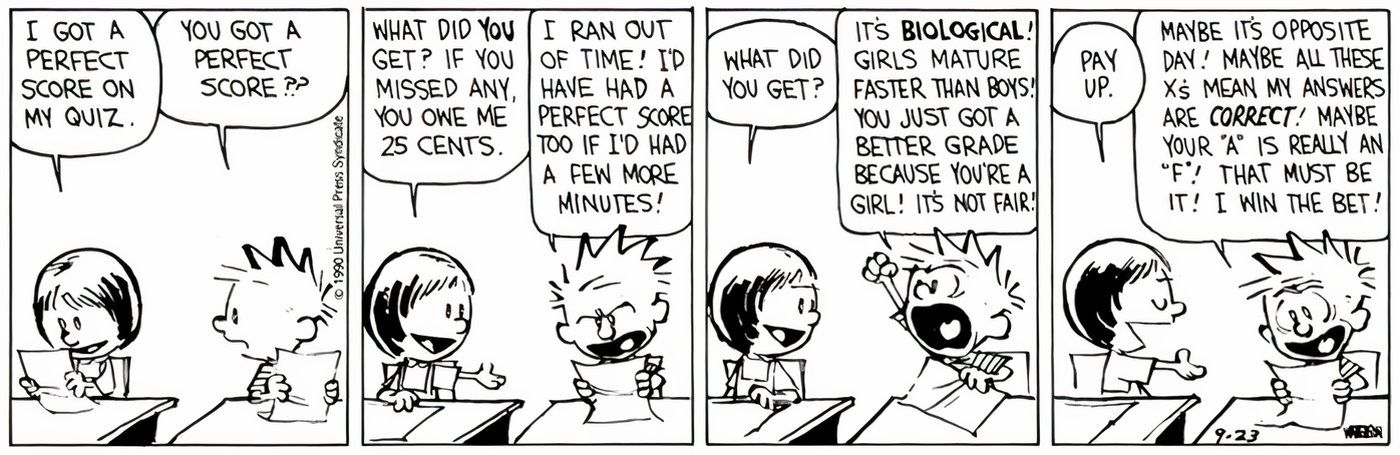 Calvin losing a bet to Susie after getting a worse grade on a math quiz.