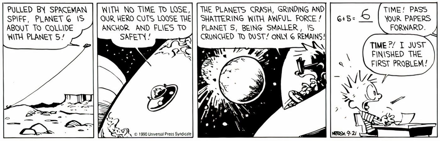 Calvin and Hobbes' Spaceman Spiff flying through space on an adventure.