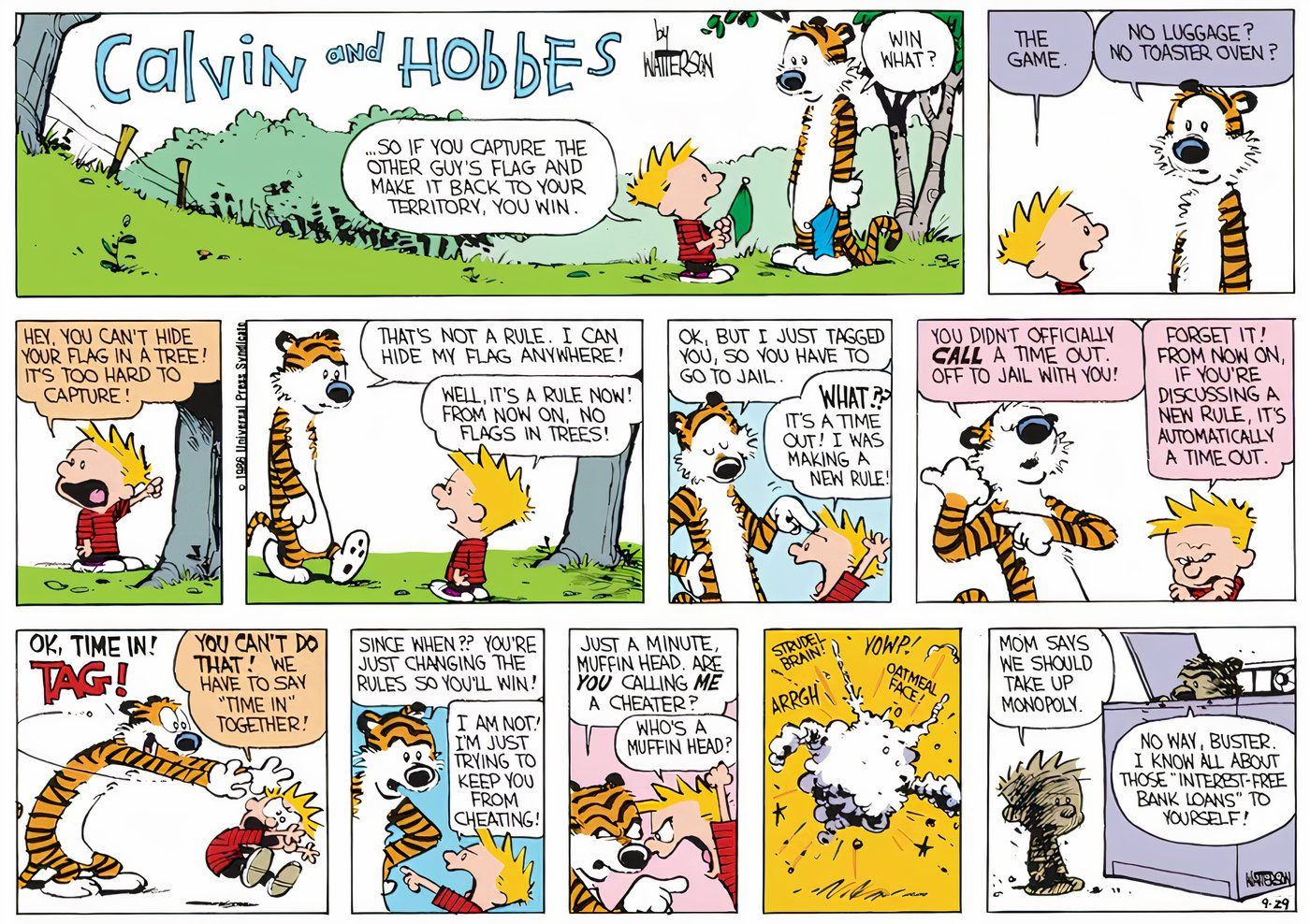 Calvin e Hobbes jogando Calvinball pela primeira vez.