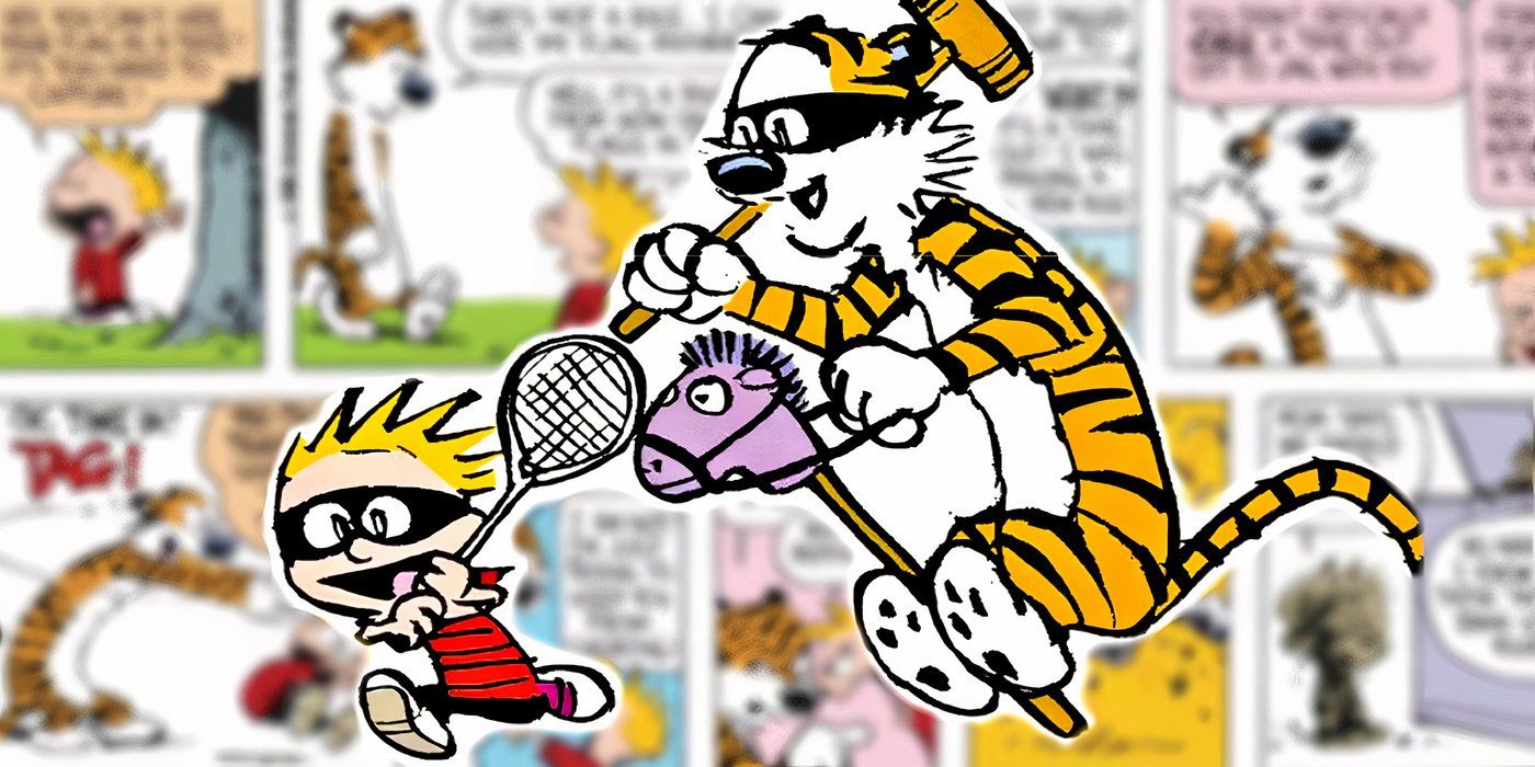 Calvin and Hobbes playing Calvinball with a blurred comic strip behind them.