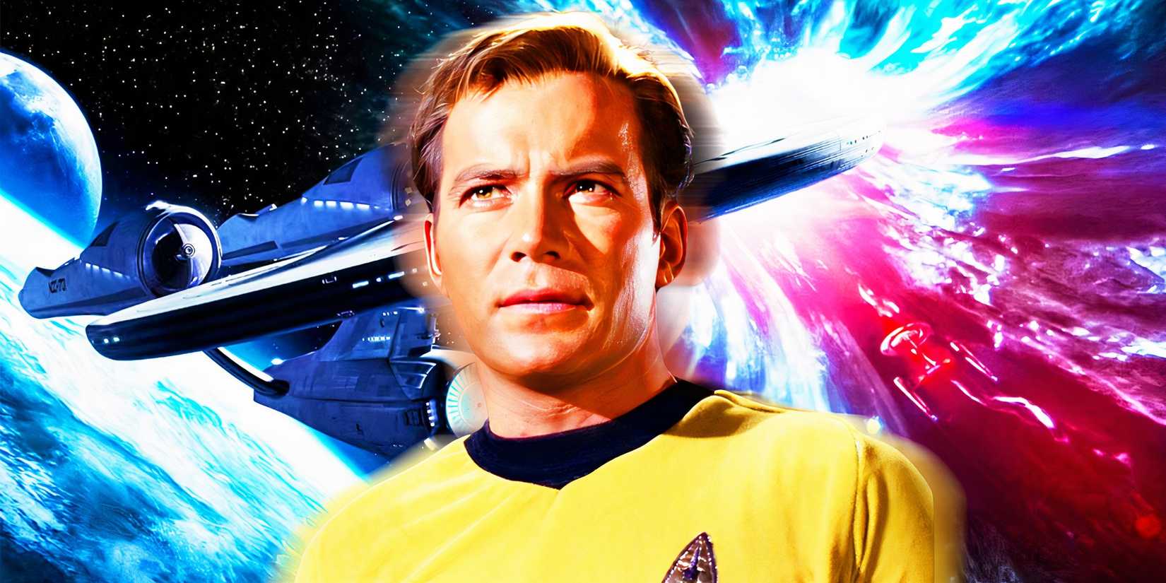 Captain Kirk (William Shatner) from Star Trek: The Original Series with the USS Enterprise in space in the background.