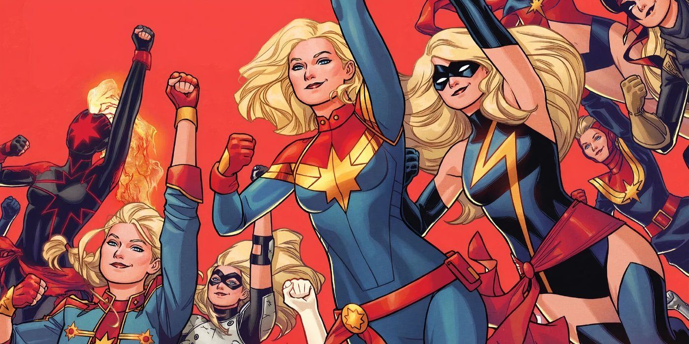 Comic book art: Captain Marvel Carol Danvers from across the years, showing off her many costumes.