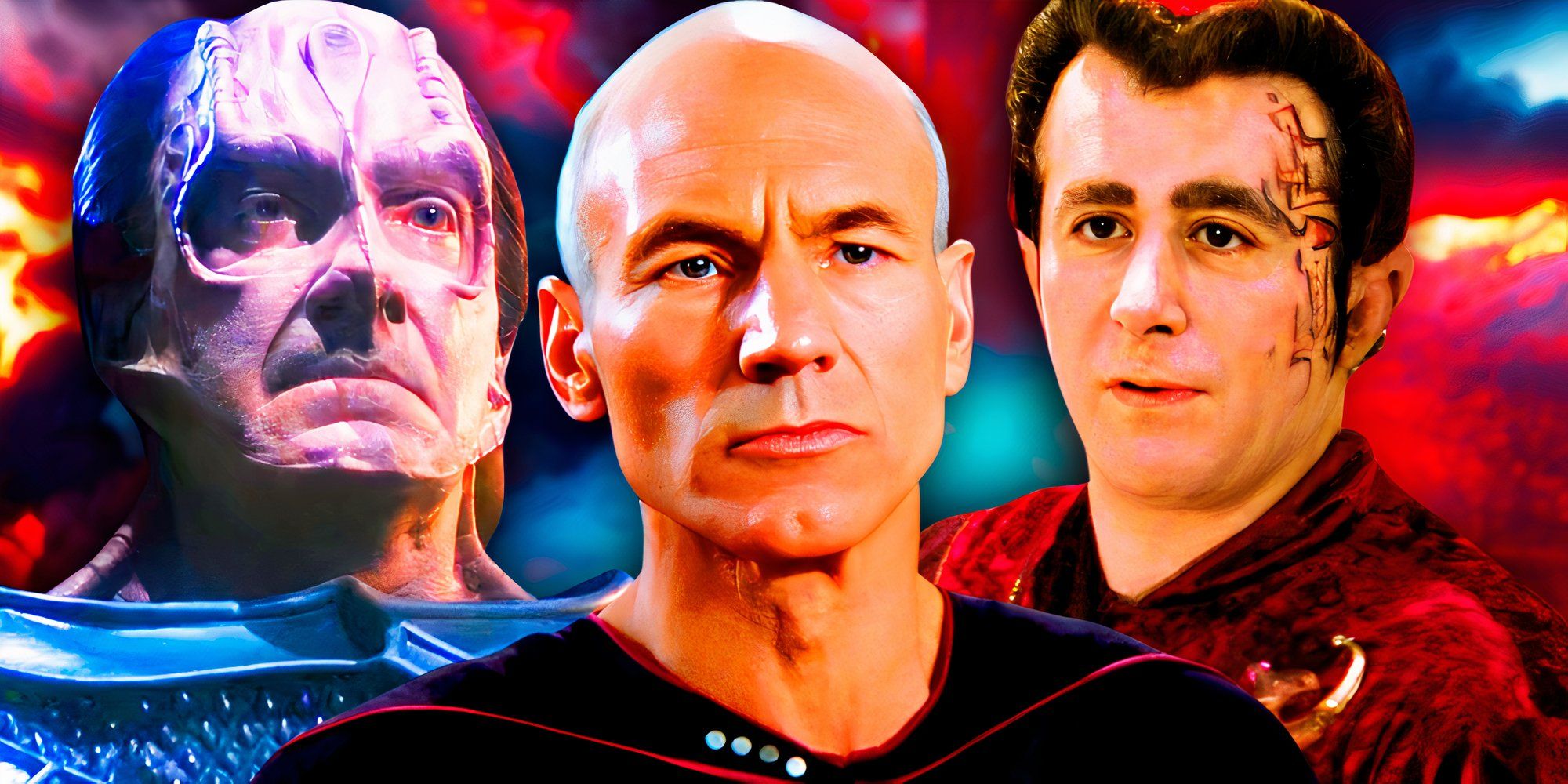 Captain Picard (Patrick Stewart) from TNG in the center, with Kivas Fajo (Saul Rubinek) from TNGs _Most Toys_ & Cardassian Gul Madred (David Warner) from TNG's _Chain of Command_