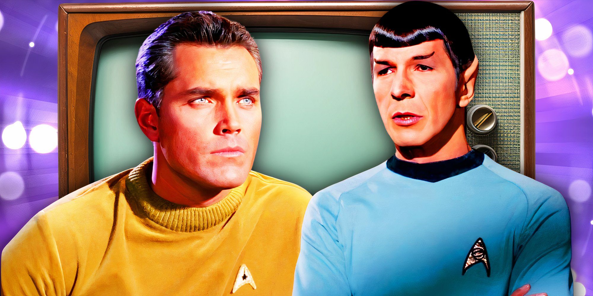 Captain Pike (Jeffrey Hunter) from Star Trek The Cage and Spock (Leonard Nimoy) from 1960s Star Trek