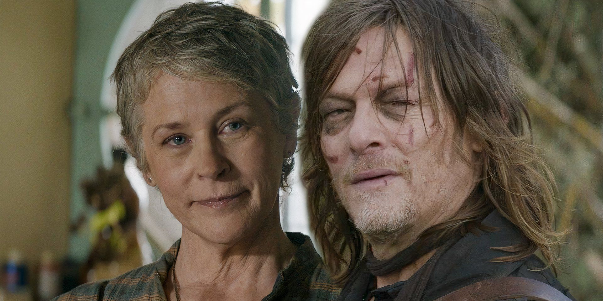 Carol smiling next to Daryl looking worried in The Walking Dead Daryl Dixon season 2 episode 4