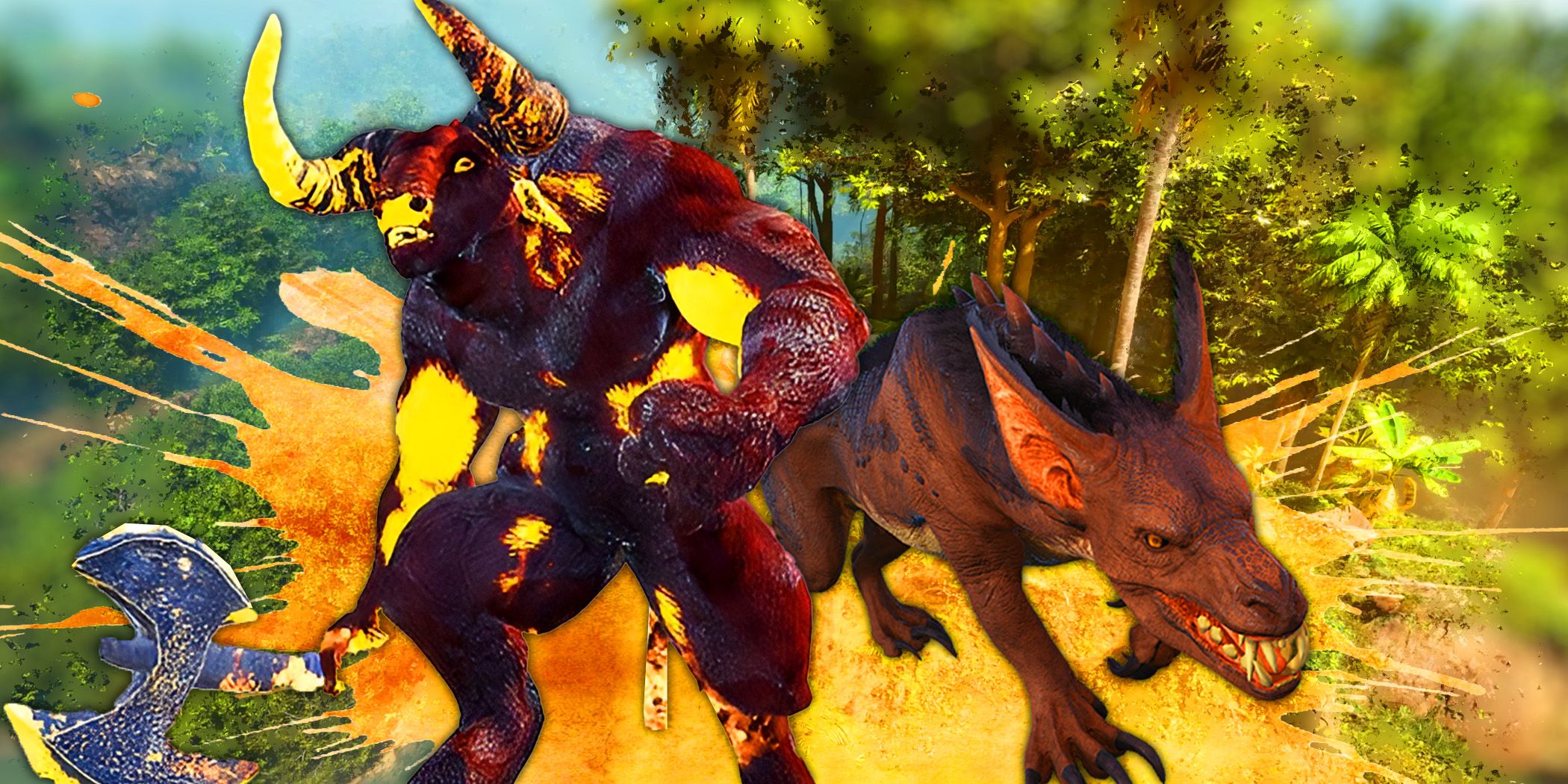 Cerberus y el minotauro de Ark Survival Ascended.