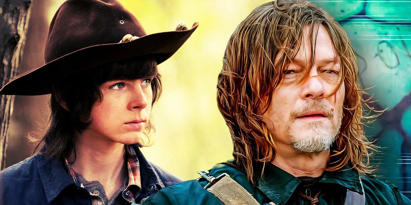 Chandler Riggs as Carl Grimes looking to the side next to Norman Reedus as Daryl Dixon looking forward in The Walking Dead Daryl Dixon