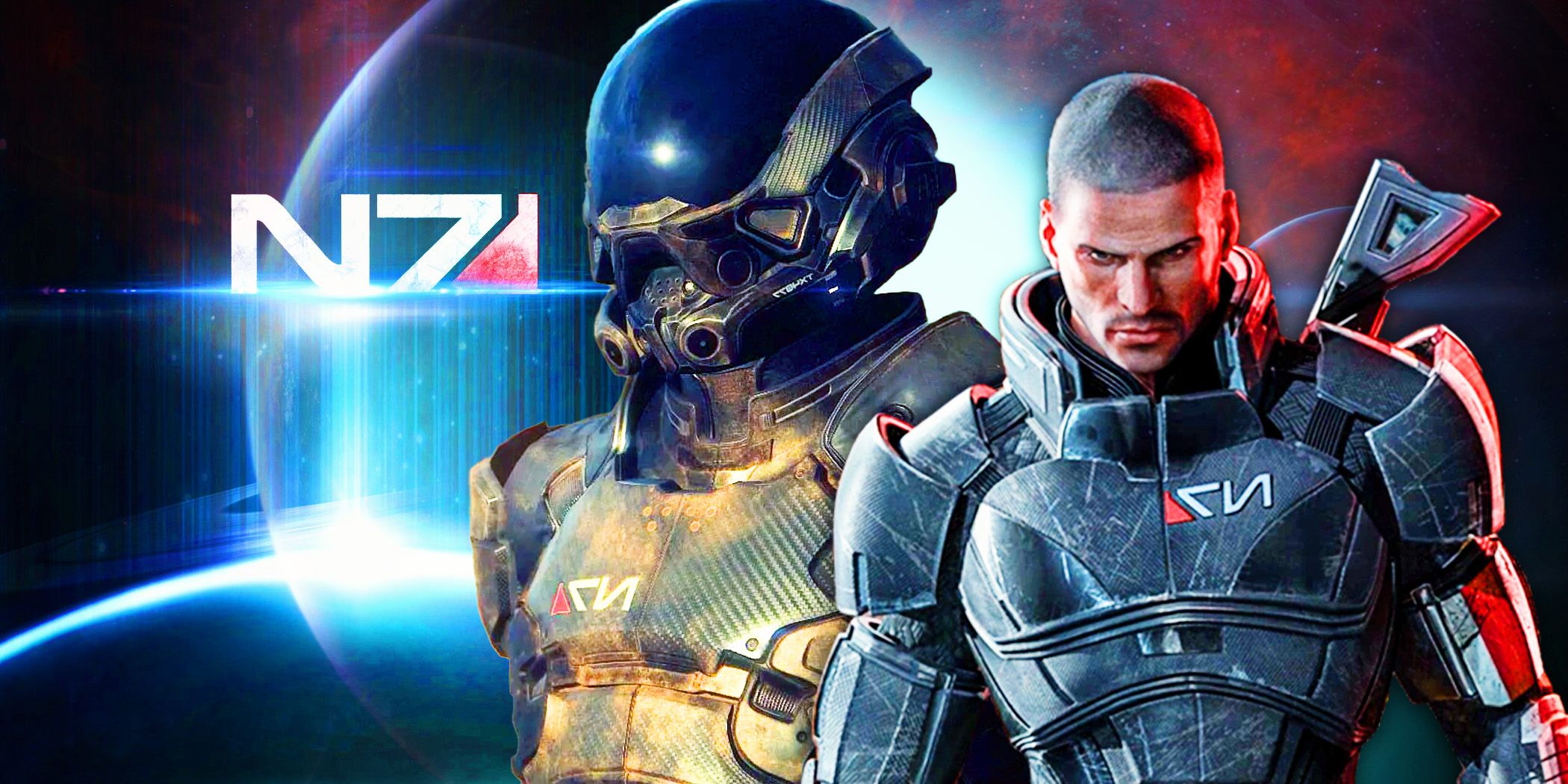 Characters from Mass Effect Andromeda with the N7 logo to the left.