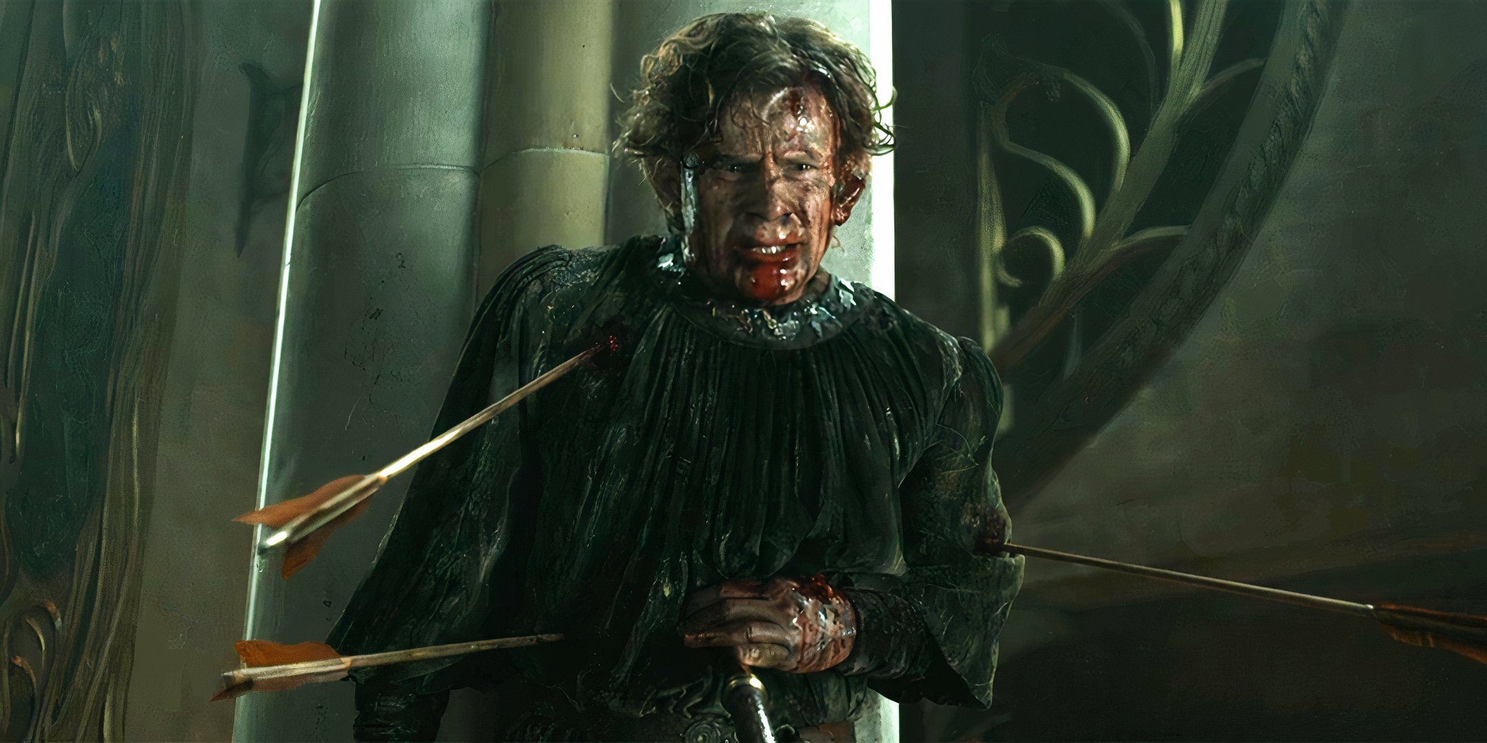 Charles Edwards as Celebrimbor looking sad while impaled on a spear and arrows sticking out of him in The Rings of Power season 2 finale