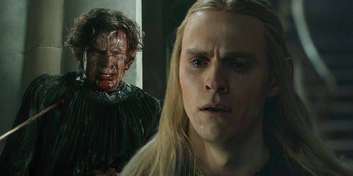 Charlie Vickers as Sauron crying in Rings of Power season 2 finale with Celembrimbor wounded