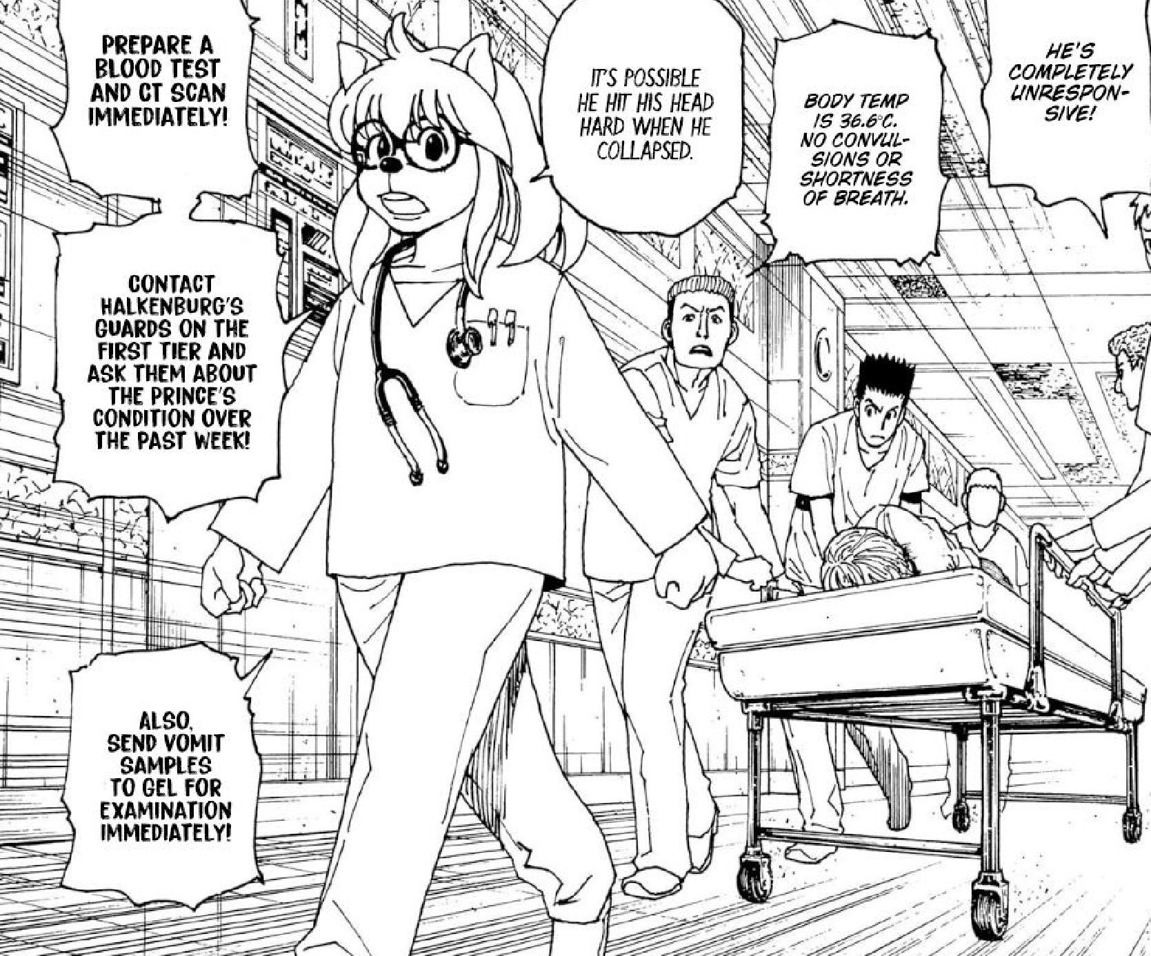 Cheadle, Leorio and other paramedics rushing Halkneburg to a hospital