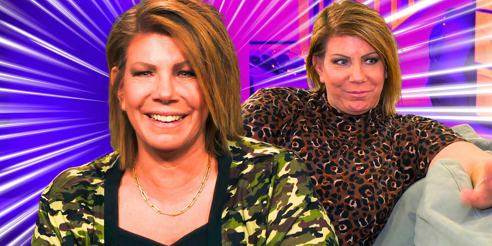 montage of sister wives meri brown smiling with one image of her on a couch