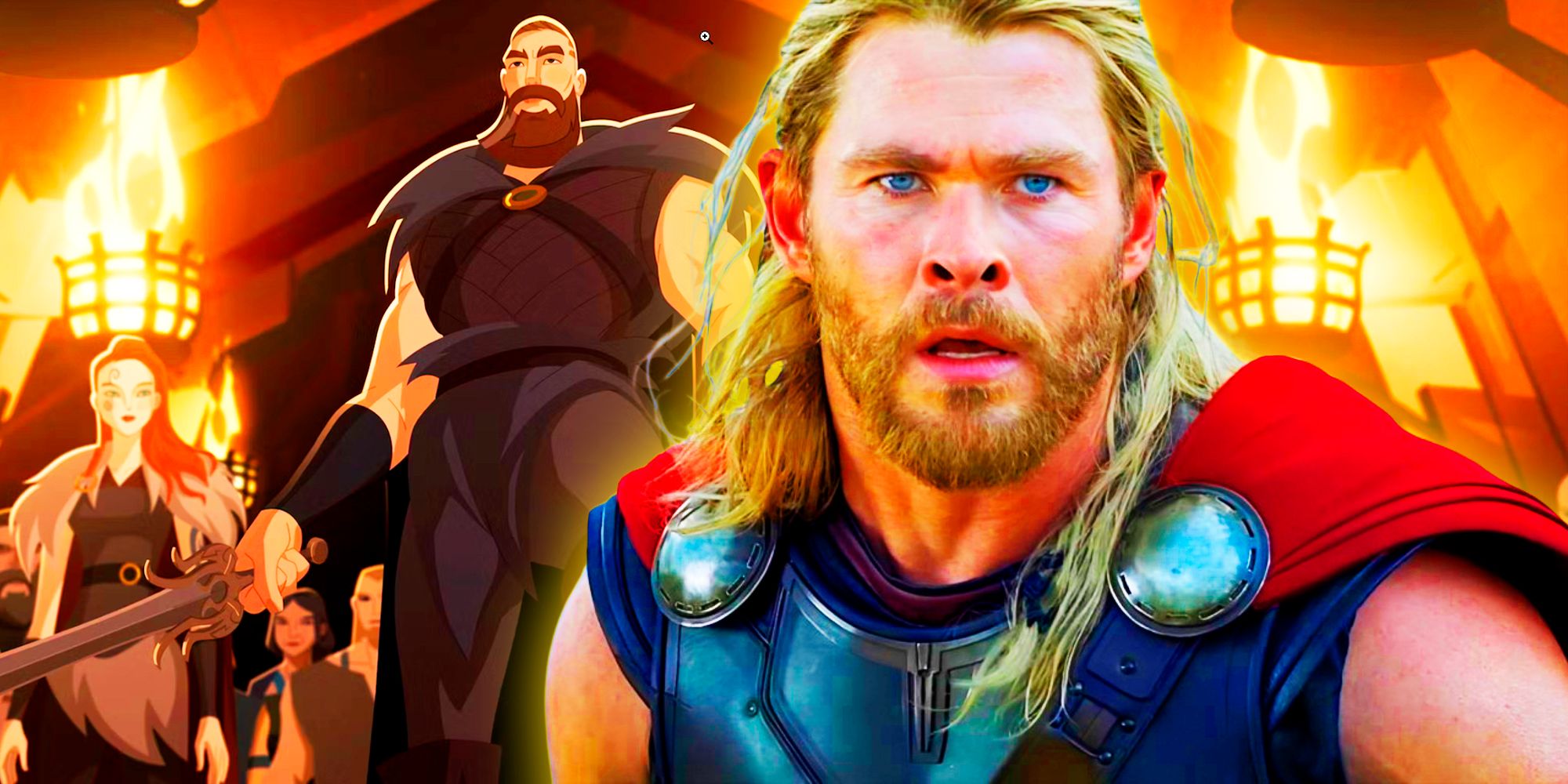 Chris Hemsworth as Thor in the MCU &amp; Twilight of the Gods imagery in the background showing Sigrid and Leif in an orange/red hue