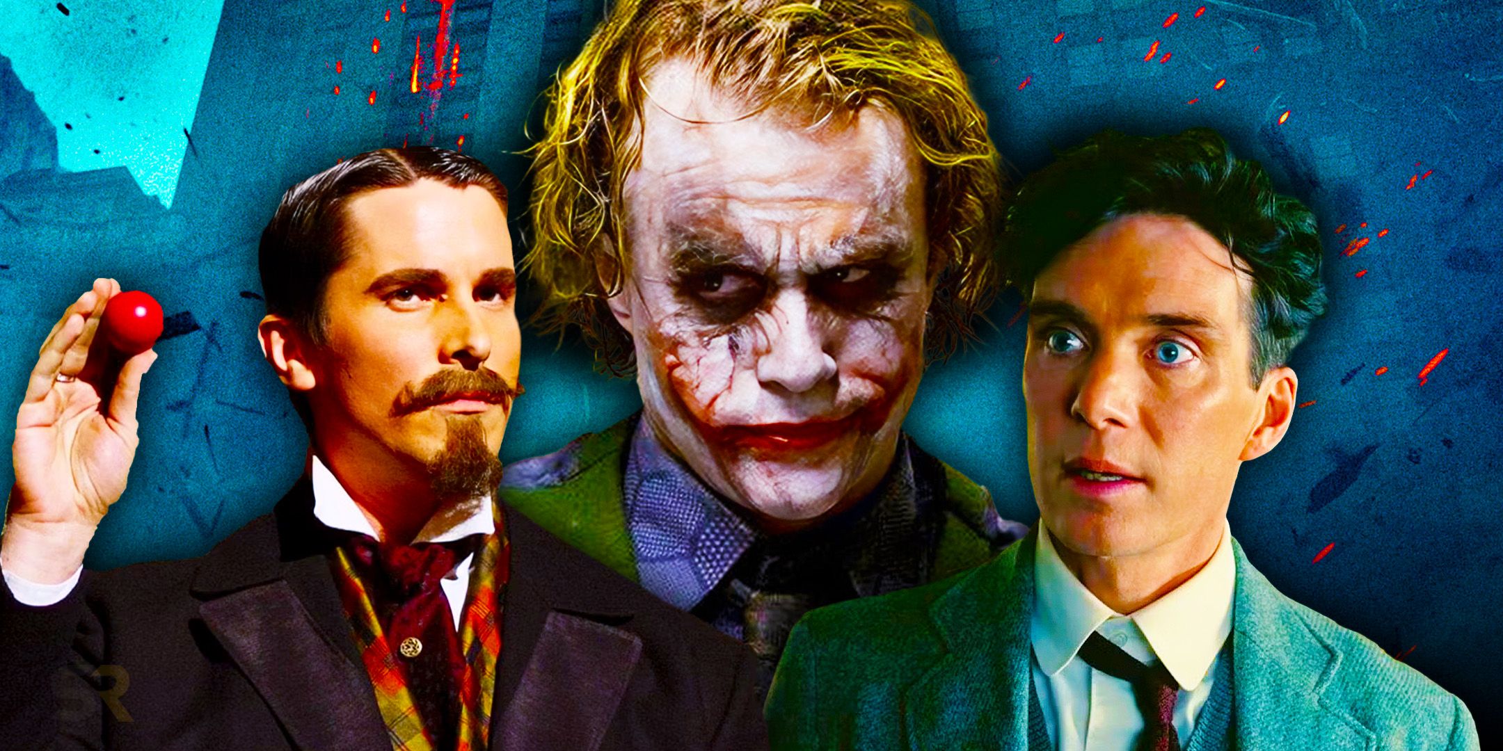 Custom image of Bale in The Prestige, Ledger in The Dark Knight, and Murphy in Oppenheimer