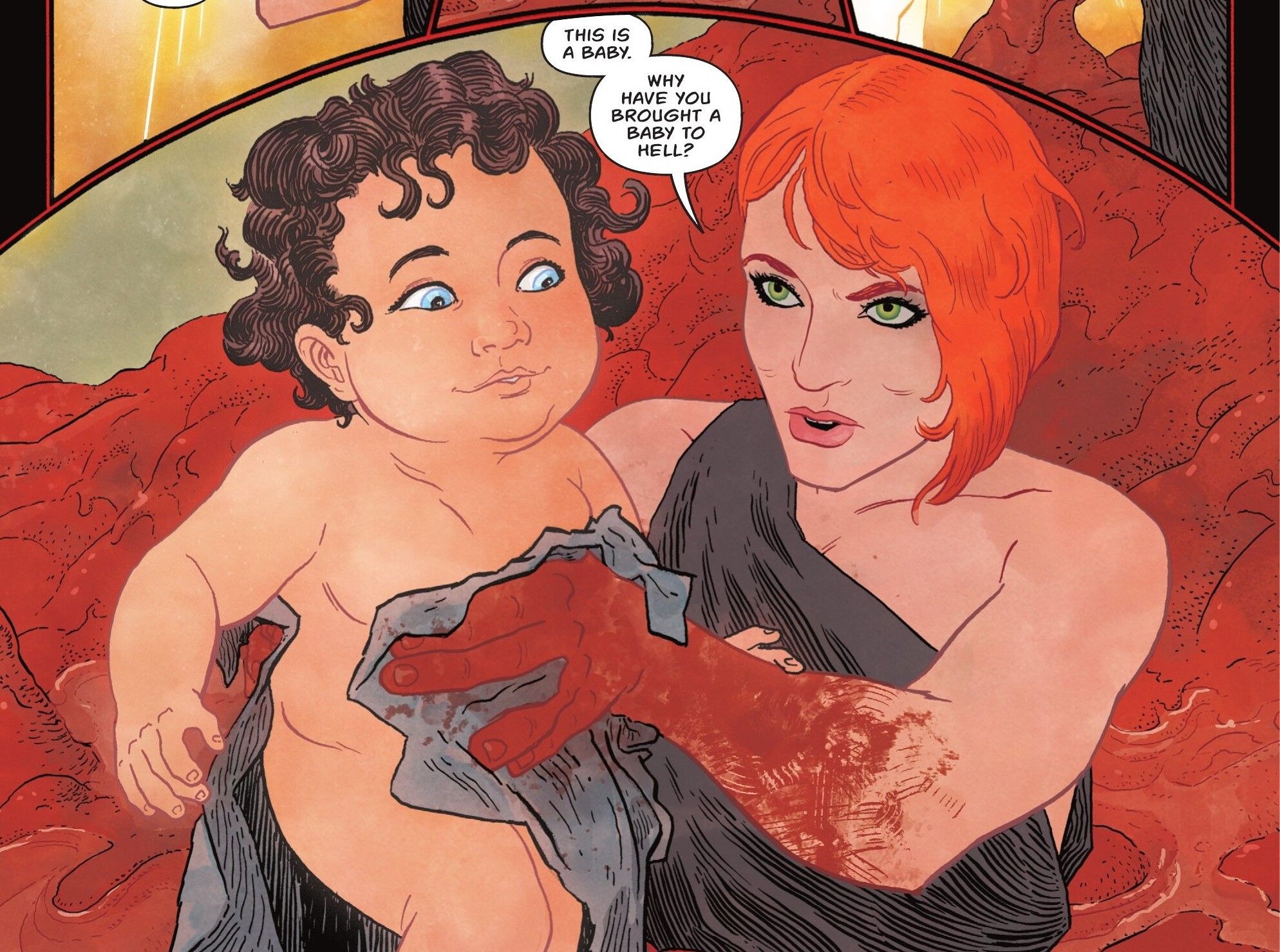  Circe holds baby Diana up, her hands covered in blood.